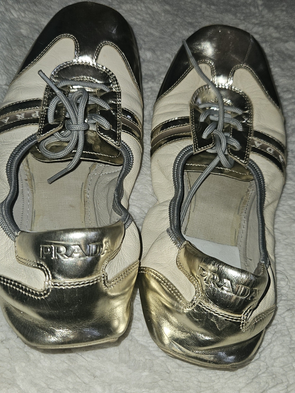 Prada Metallic Silver and Cream Lace-Up Sneakers - Picture 4 of 4